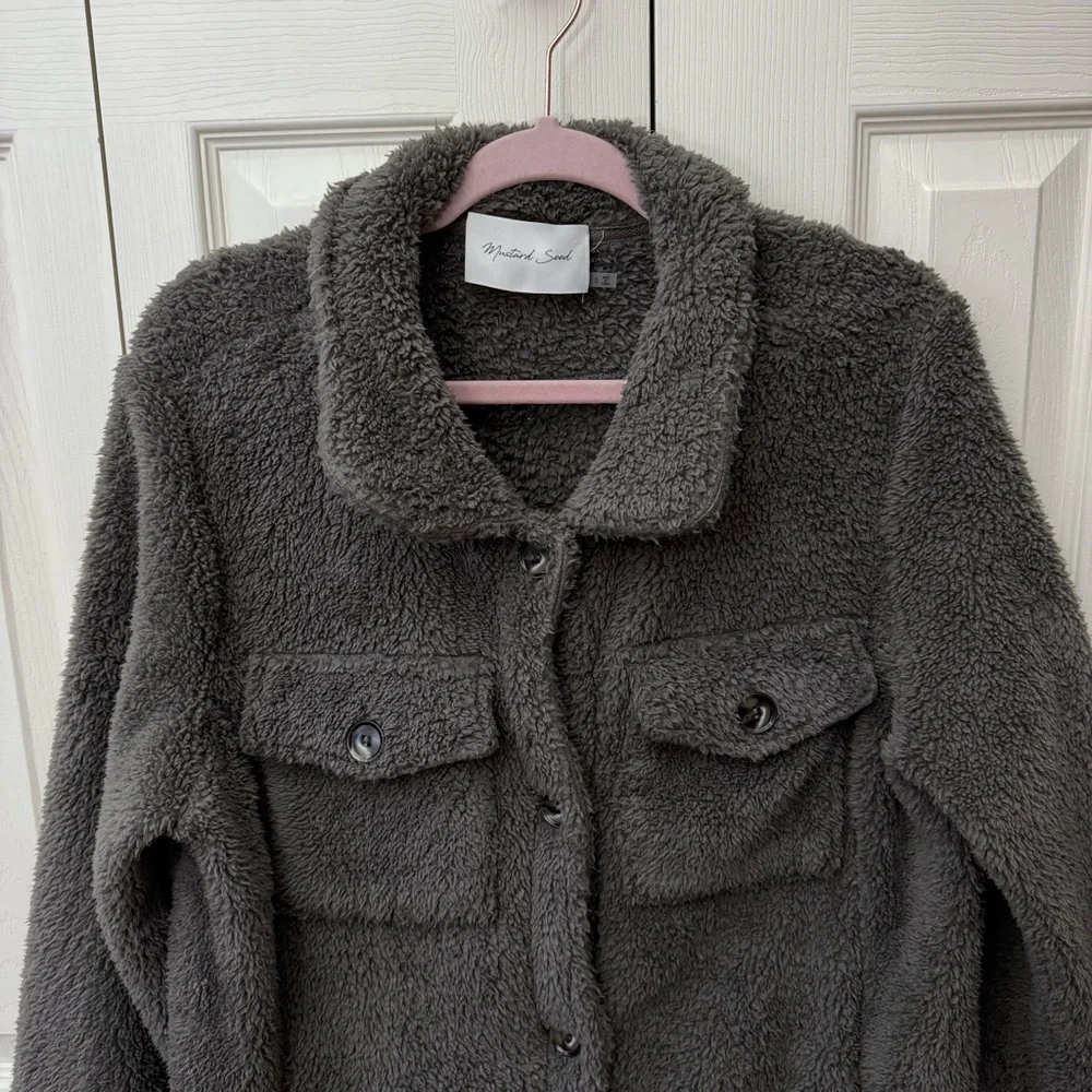 Mustard Seed Oversized Gray Fleece Teddy Shacket Cozy Jacket Womens Size Small